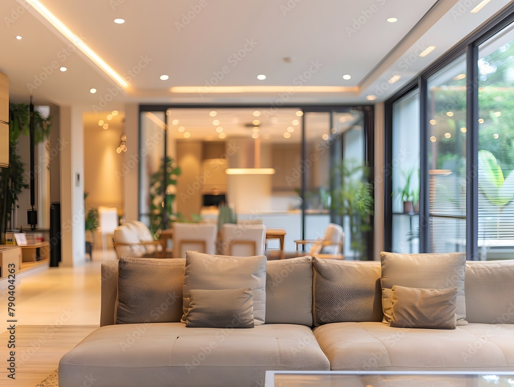 Fototapeta premium Inviting blurred view of a grand living room with soft background