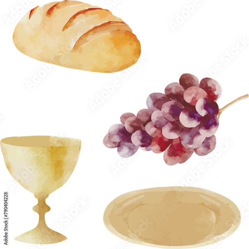 Vector watercolor bread, chalice, grape, golden plate. Baptism, greeting cards, invitation, wedding card and save the date, celebration, anniversary, birthday, party, event, holiday and print