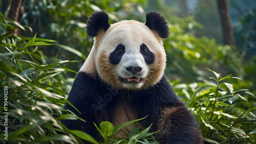 One Chinese panda that is in some Chinese forest and sat down to rest.