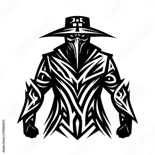 plague mask in modern tribal tattoo, abstract line art of horror character, minimalist contour. Vector