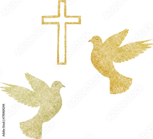 Golden pigeons are fly, cross. Baptism. greeting cards, invitation, wedding card, save the date, celebration, anniversary, birthday, party, event, holiday, print