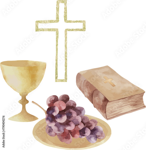 Vector watercolor golden cross, chalice, grape, bible. Baptism, greeting cards, invitation, wedding card and save the date, celebration, anniversary, birthday, party, event, holiday and print