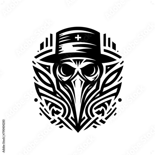 plague mask in modern tribal tattoo, abstract line art of horror character, minimalist contour. Vector