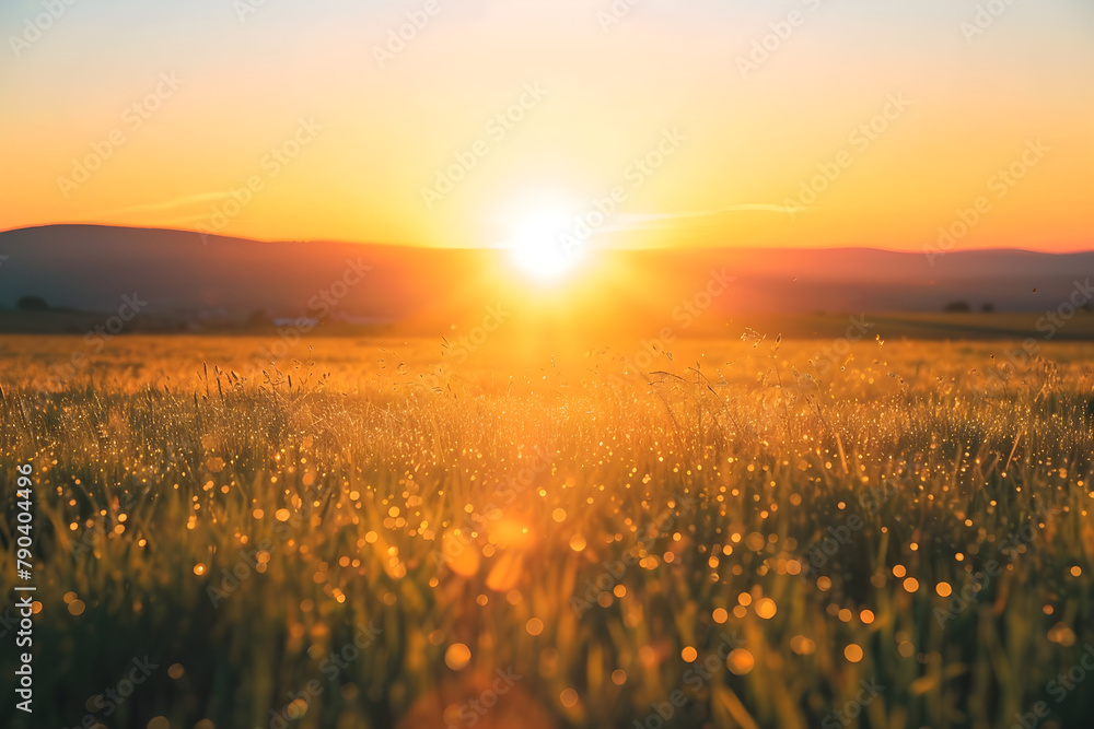 Golden Hour Serenity: A Captivating Display of Vast Field Kissed by Fiery Sunset