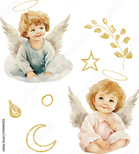Vector watercolor scene. Girl and boy are angels on a cloud. Baptism, greeting cards, invitation, wedding card, save the date, celebration, anniversary, birthday, party, event, holiday, print