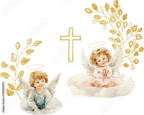 Vector watercolor scene. 
Angels on a cloud. Baptism, greeting cards, invitation, wedding card, save the date, celebration, anniversary, birthday, party, event, holiday, print
