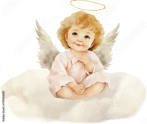 Vector watercolor scene. Angel on a cloud. Baptism, greeting cards, invitation, wedding card, save the date, celebration, anniversary, birthday, party, event, holiday, print