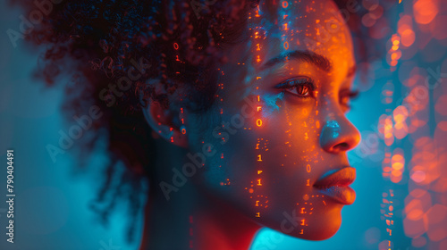 AI cyber security threat illustration  black african american female IT specialist analysing data information technology  augmented reality artificial intelligence matrix collage  side view copy space