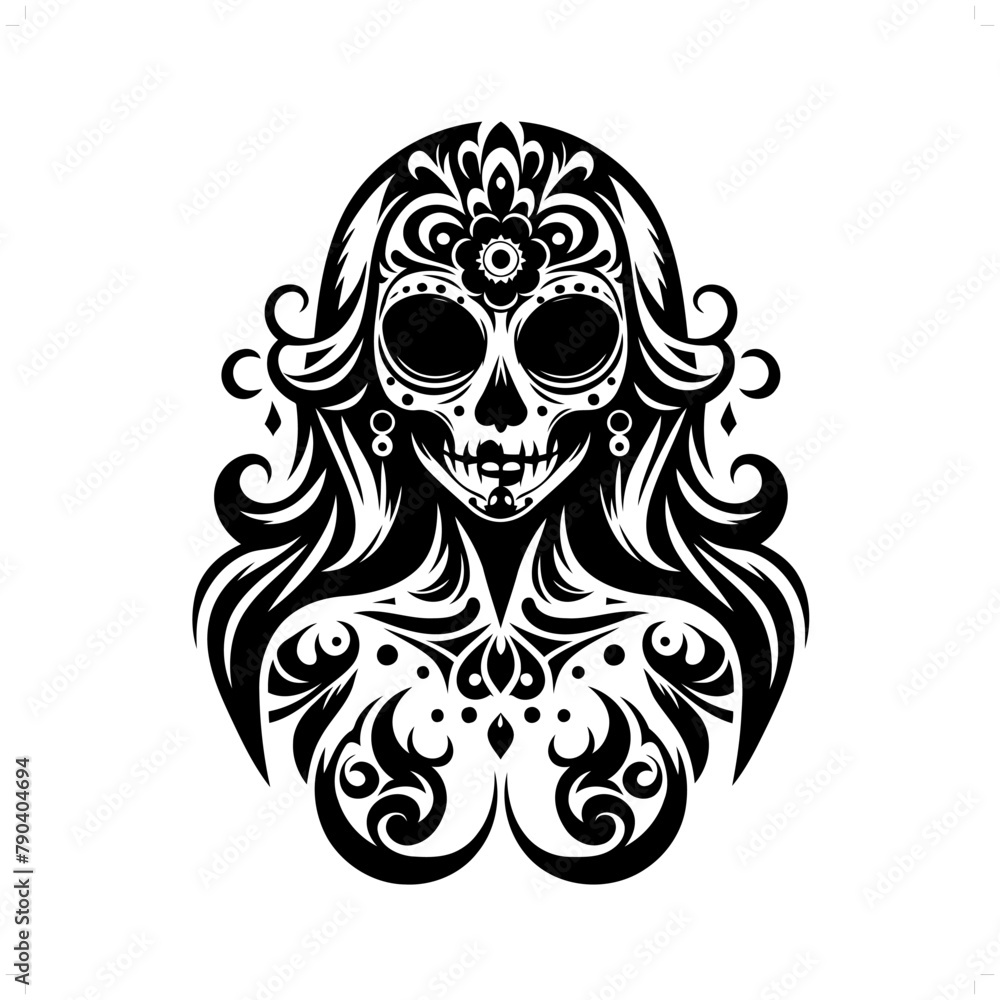 sugar skull girl in modern tribal tattoo, abstract line art of horror character, minimalist contour. Vector sugar skull girl in modern tribal tattoo, abstract line art of horror character, minimalist contour. Vector
