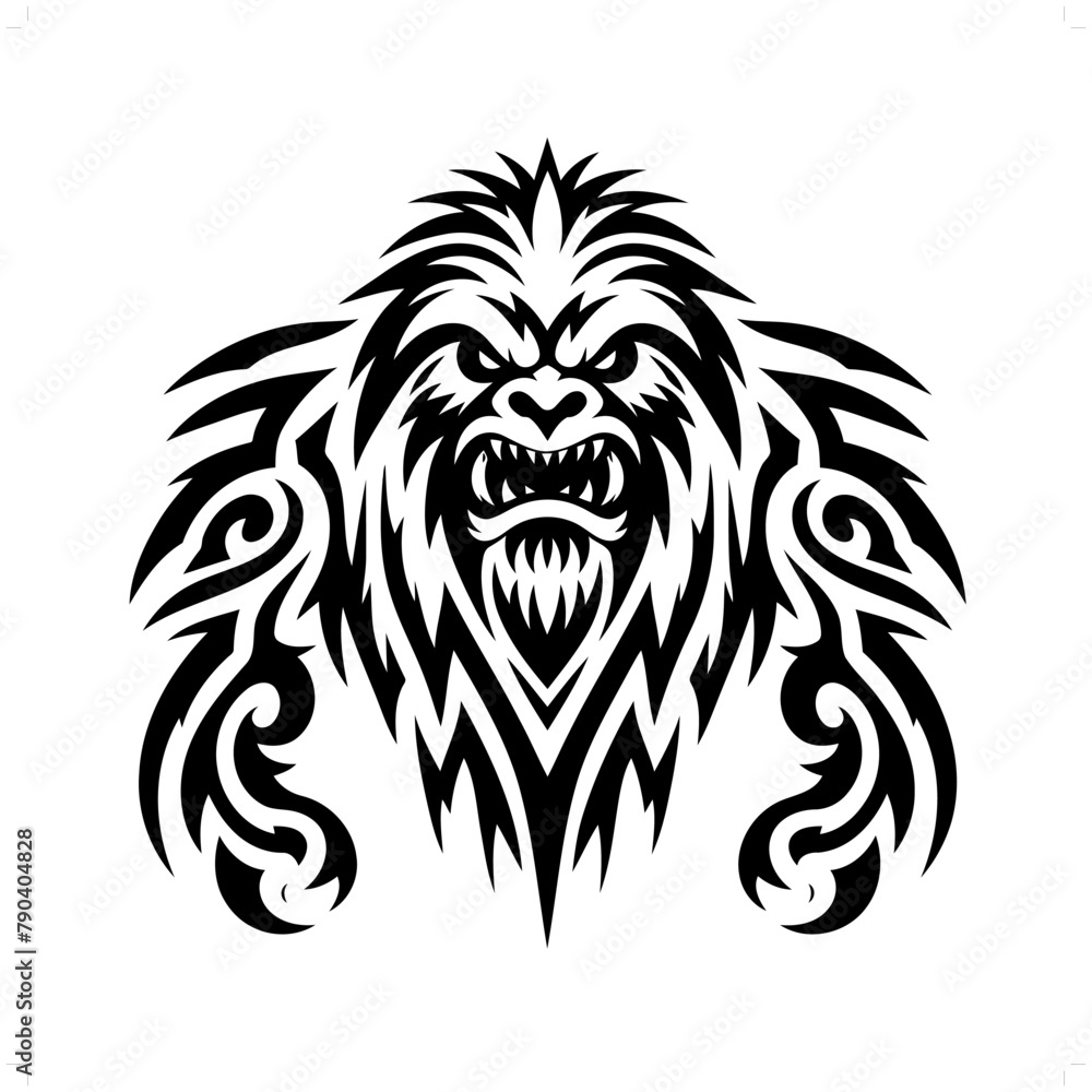 yeti; bigfoot  in modern tribal tattoo, abstract line art of horror character, minimalist contour. Vector