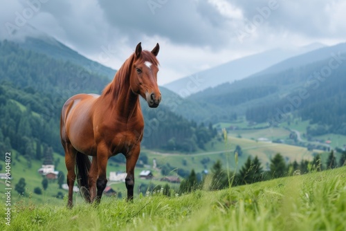 A brown horse stands in a grassy meadow with mountains in the background