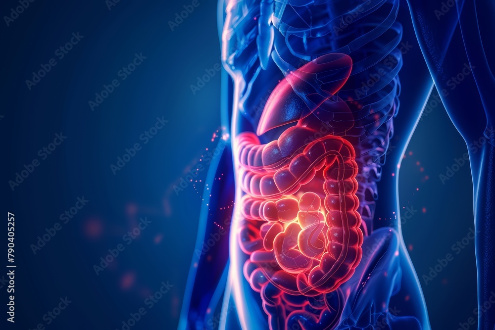 Medical illustration of a model with abdominal pain. Gut and stomach health conecpt. Digestion and bowel disorder, inflammation or disease. Medical illustration of a model with abdominal pain. Gut and stomach health conecpt. Digestion and bowel disorder, inflammation or disease.