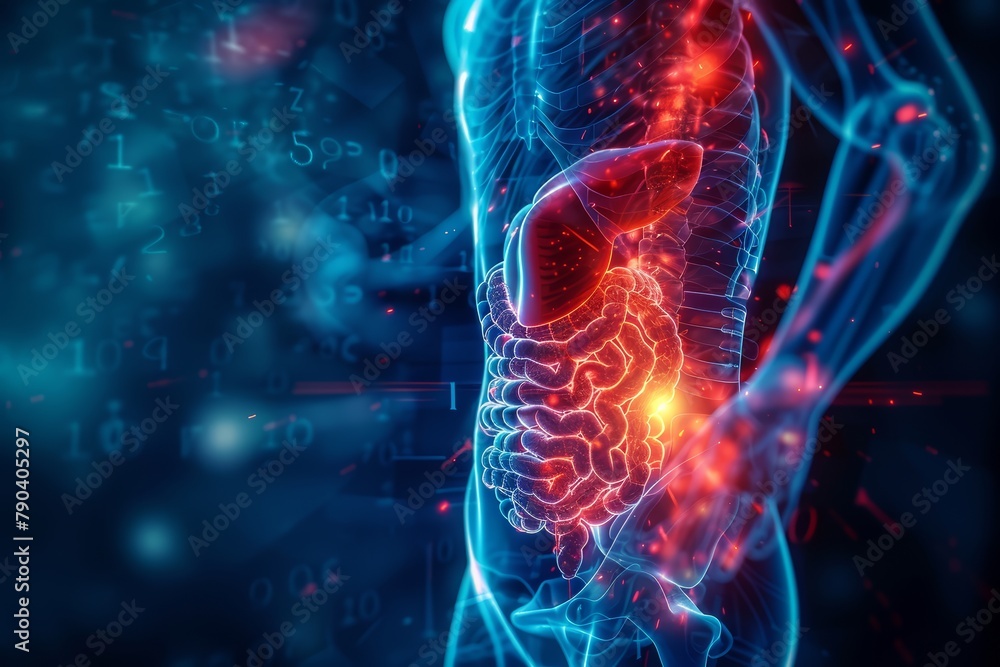 Medical illustration of a model with abdominal pain. Gut and stomach health conecpt. Digestion and bowel disorder, inflammation or disease. Medical illustration of a model with abdominal pain. Gut and stomach health conecpt. Digestion and bowel disorder, inflammation or disease.