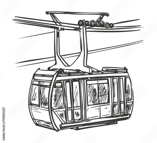 Detailed sketch of cable car in mountainous terrain. Vector illustration
