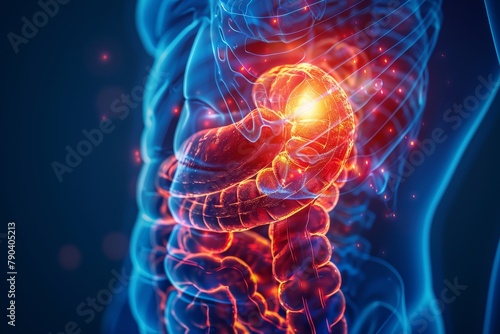 Medical illustration of a model with abdominal pain. Gut and stomach health conecpt. Digestion and bowel disorder, inflammation or disease. photo