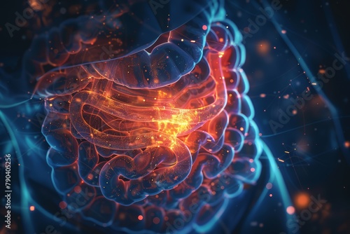 Medical illustration of a model with abdominal pain. Gut and stomach health conecpt. Digestion and bowel disorder, inflammation or disease.