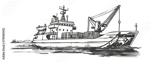 Vector Illustration of a fishing boat with net at sea. 