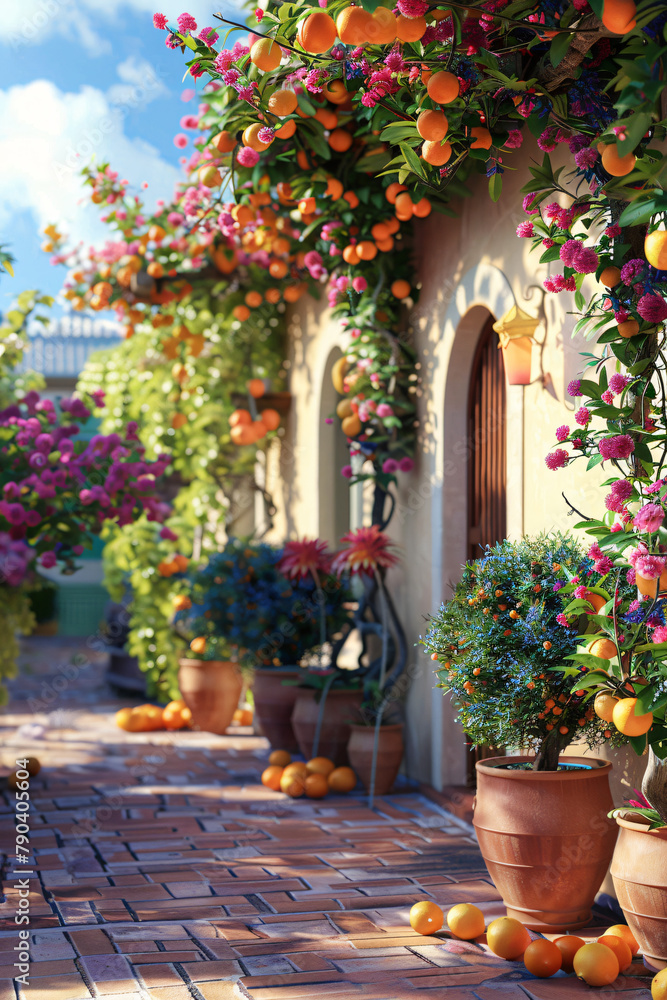 Citrus Haven: Potted Trees and Flowering Vines Adorn Mediterranean Terrace