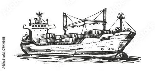 Commercial fishing trawler at sea ink drawing. Vector illustration