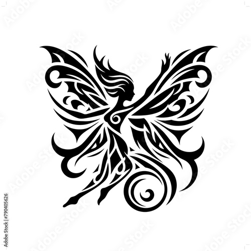 fairy in modern tribal tattoo, abstract line art of people, minimalist contour. Vector