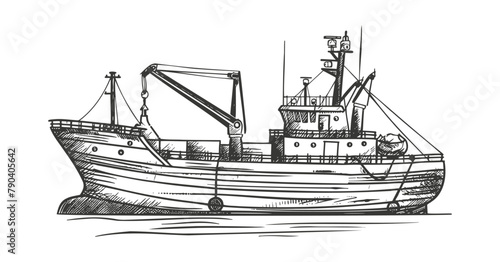 Commercial fishing trawler at sea ink drawing. Vector illustration