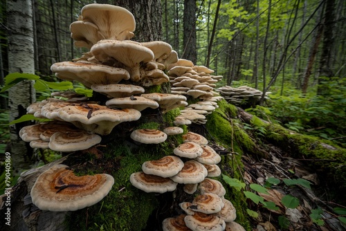 Champignon mushrooms thrive artfully on tree stump, their contrasting shades mesmerizing onlookers