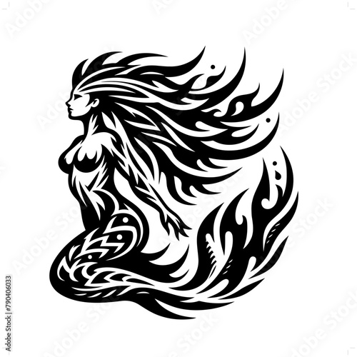 mermaid in modern tribal tattoo, abstract line art of people, minimalist contour. Vector