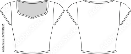 cap short sleeves square neck crop cropped blouse top tee t-shirt activewear sportswear template technical drawing flat sketch cad mockup fashion woman design style model
