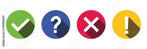 Set of colored flat buttons with long shadow. Tick, question and answers mark. Help symbol. FAQ symbol. Vector Illustration.