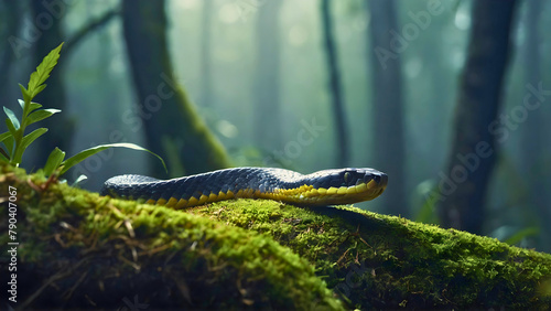 A snake in a dense forest, which has merged with its surroundings, and which is stalking its next prey, in order to feed itself.
