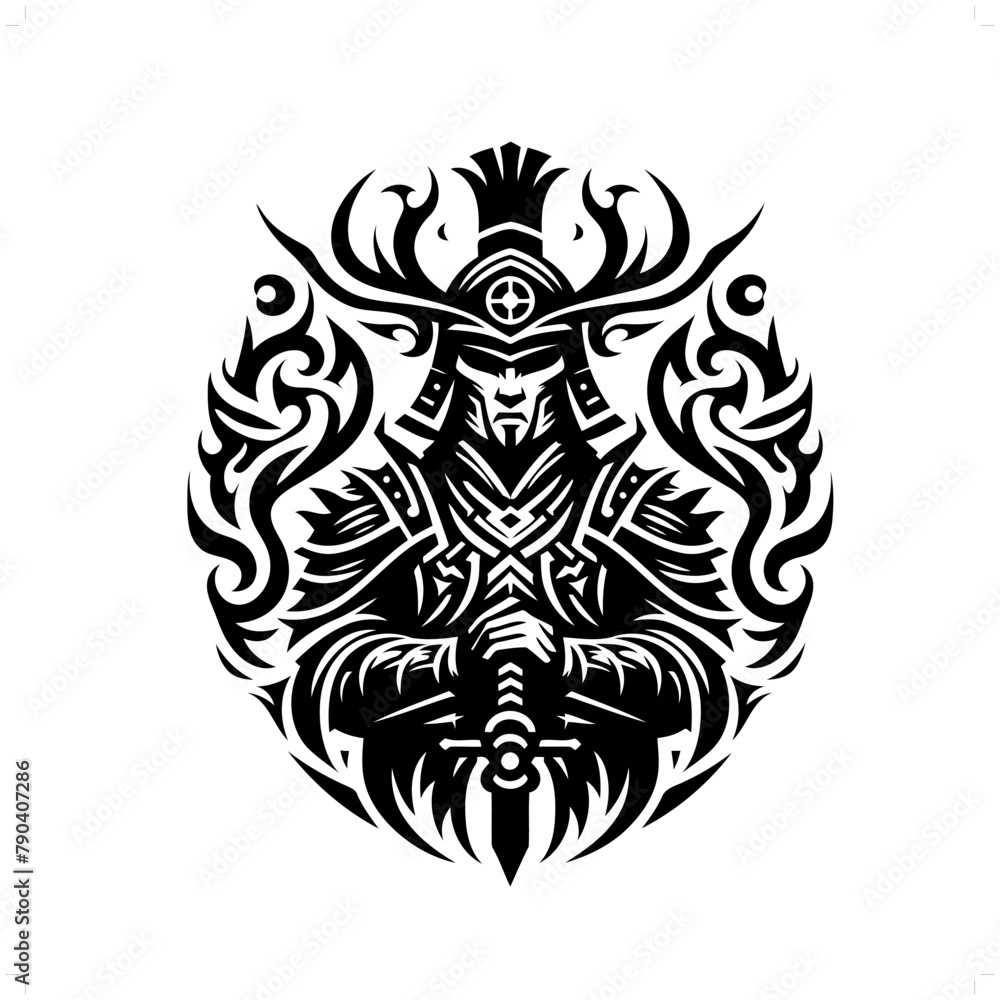 chinese warrior in modern tribal tattoo, abstract line art of people, minimalist contour. Vector