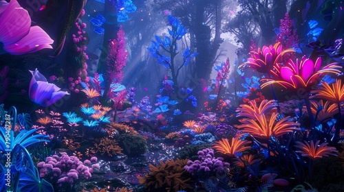 Neon-infused flora blooming in a surreal dreamscape  evoking a sense of wonder and awe.