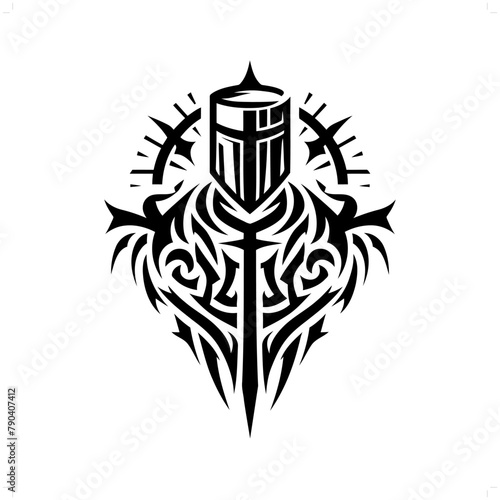 crusader in modern tribal tattoo, abstract line art of people, minimalist contour. Vector