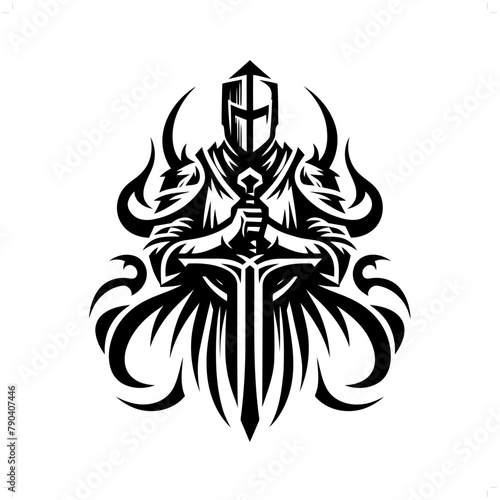 crusader in modern tribal tattoo, abstract line art of people, minimalist contour. Vector