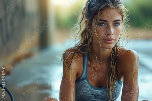 Happy woman with surfer hair sitting on ground, legs crossed, looking at camera photo