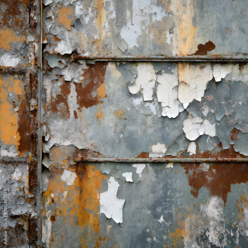 Fototapeta premium A grungy industrial backdrop featuring peeling paint and rusted metal surfaces, conveying a sense of vintage industrial aesthetic.