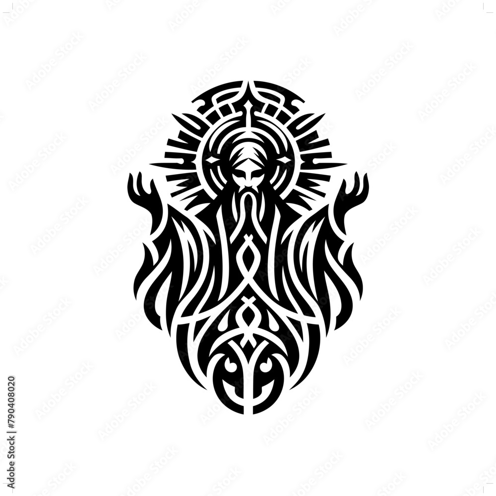 saint in modern tribal tattoo, abstract line art of people, minimalist contour. Vector
