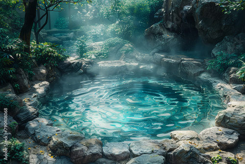 The soothing warmth of a bubbling hot spring  surrounded by steaming water and lush greenery. Concept of relaxation and rejuvenation. Generative Ai.