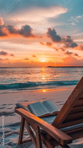 A cozy beach chair overlooking a serene sunset, with a retirement savings book on the side table, peaceful and secure