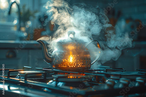 A burst of steam billowing from a boiling kettle on the stove, accompanied by the whistle of escaping vapor. Concept of domestic comfort and everyday rituals. Generative Ai. photo