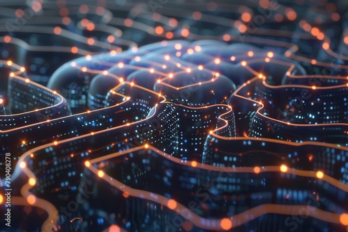 A digital brain composed of intricate networks of glowing circuits and nodes, pulsating with data, symbolizing AI cognition