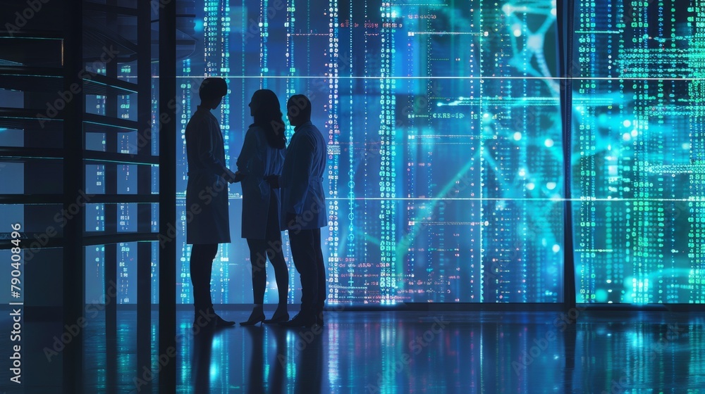 Medical surgeons in a futuristic laboratory looking at scans xray patient research lab technology hologram futuristic advanced medicine science Medical surgeons in a futuristic laboratory looking at scans xray patient research lab technology hologram futuristic advanced medicine science