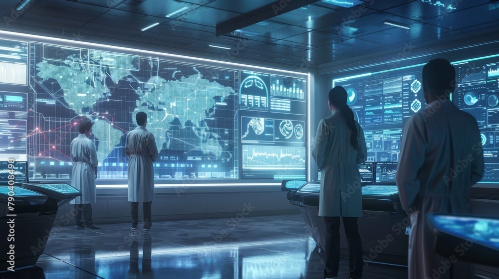 Medical surgeons in a futuristic laboratory looking at scans xray patient research lab technology hologram futuristic advanced medicine science Medical surgeons in a futuristic laboratory looking at scans xray patient research lab technology hologram futuristic advanced medicine science