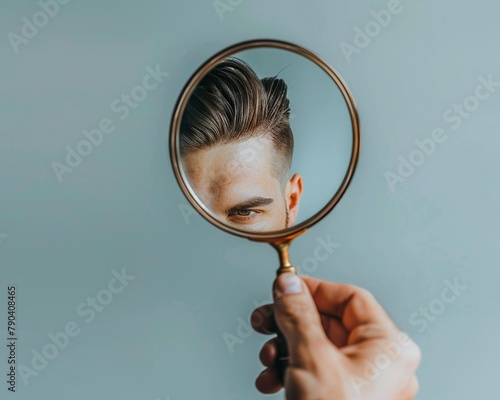 A hand holding a mirror reflecting a perfectly styled haircut, concept of selfimage and the impact of a good hairdresser, reflective mood photo