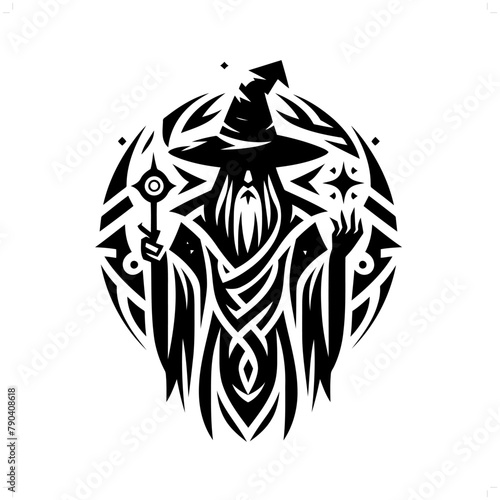 wizard in modern tribal tattoo, abstract line art of people, minimalist contour. Vector