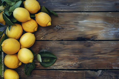 Fresh Lemons with Leaves on Wooden Background