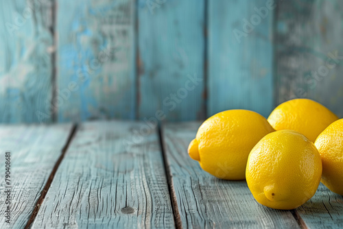 Fresh Yellow Lemons on Distressed Blue Wooden Background