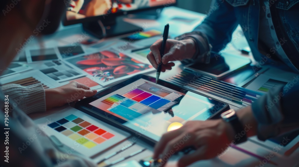 A designer's hands are seen drafting sketches on a digital tablet among various design tools and color swatches on a cluttered workspace. A designer's hands are seen drafting sketches on a digital tablet among various design tools and color swatches on a cluttered workspace.