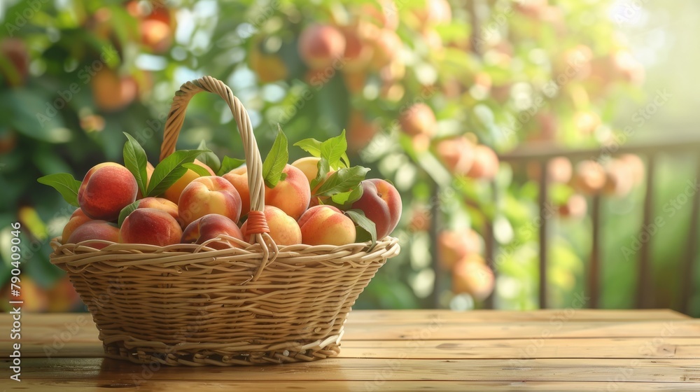 Blurred background with a wooden table displaying a wicker basket filled with peaches Blurred background with a wooden table displaying a wicker basket filled with peaches
