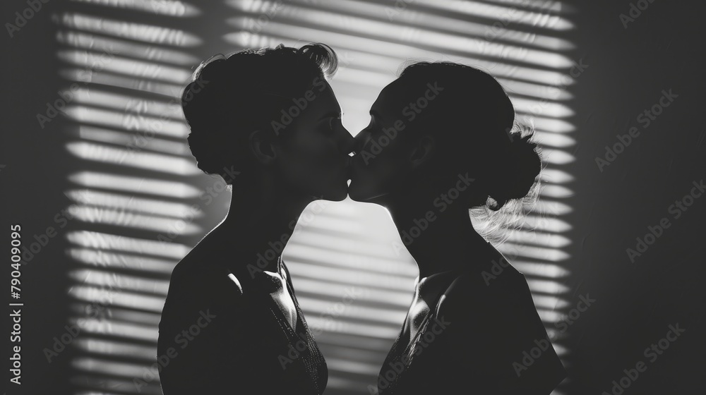 Silhouette of two beautiful young women kissing in the room with blinds Silhouette of two beautiful young women kissing in the room with blinds